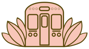 Stylized illustration of the front of a Chicago “L” train in pink with brown outlines, framed by simple leaf shapes on both sides like petals, giving the train a flower-like motif.