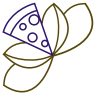 Stylized logo combining a slice of pizza with a flower design. A triangular slice of pizza, outlined in purple with visible circular toppings, replaces one of the petals in a five-petal flower drawn with golden-brown lines.
