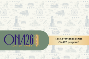 A graphic with the ONA26 logo and the words Take a first look at the ONA26 program! The background has illustrations of Chicago landmarks.
