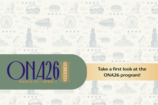 A graphic with the ONA26 logo and the words Take a first look at the ONA26 program! The background has illustrations of Chicago landmarks.