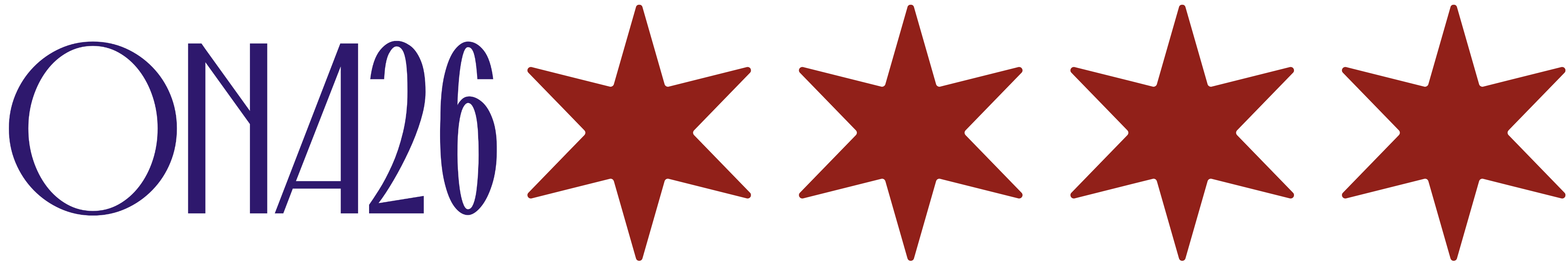Horizontal graphic showing the text ‘ONA26’ in dark purple followed by four red six-pointed Chicago stars.